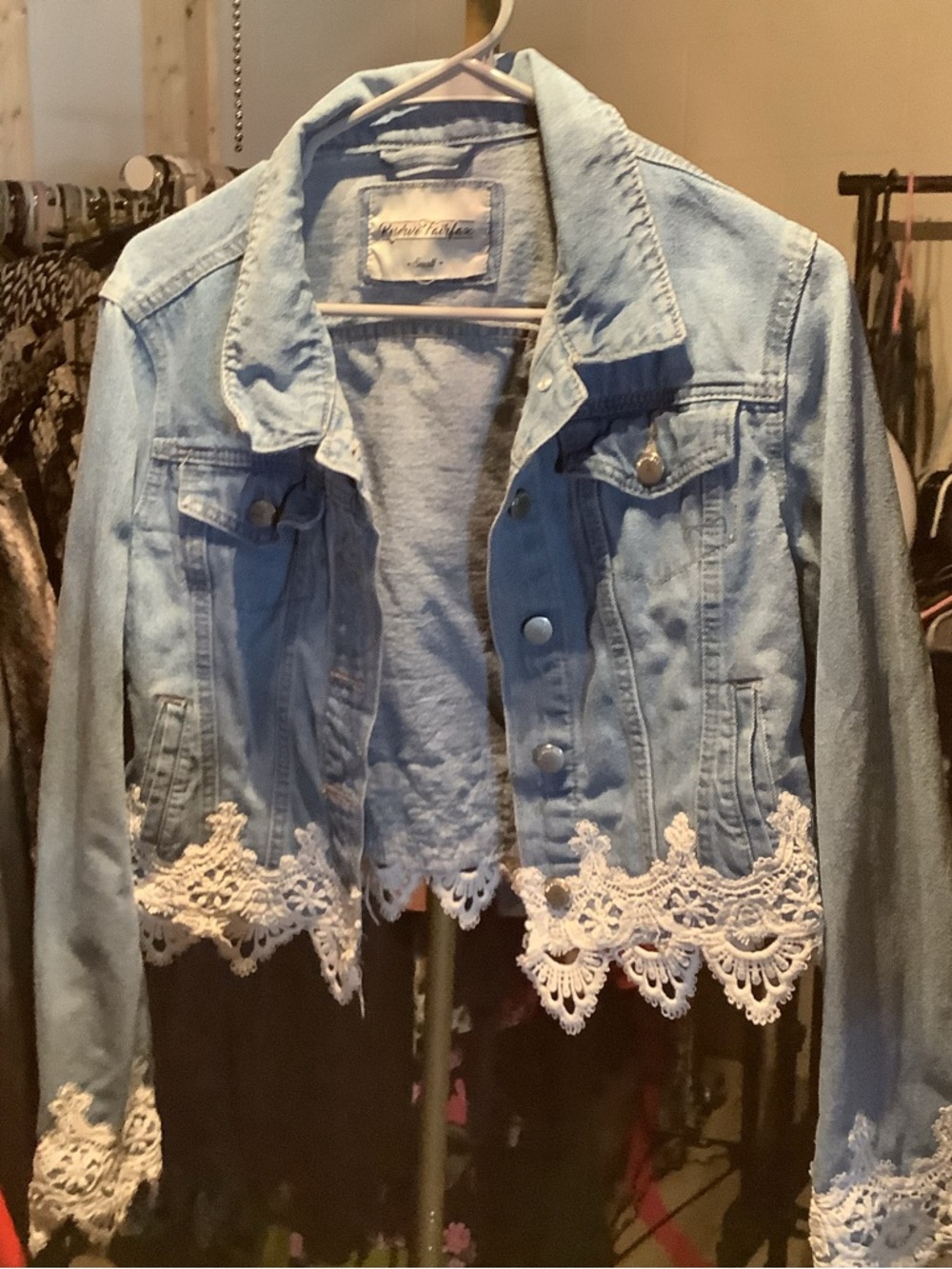 Light Blue Denim Jacket with White Lace Trim - Women